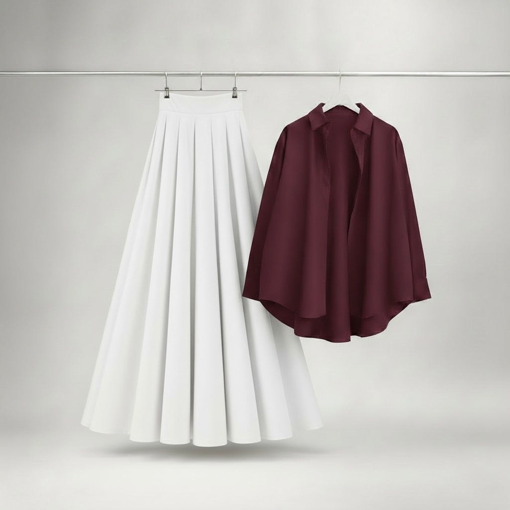 Maroon Button Down with White Skirt
