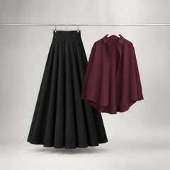 Maroon Button Down with Black Skirt
